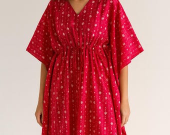 Vestido Kaftan Floral Vermelho | Maxi de Algodão com Estampa Manual em Bloco