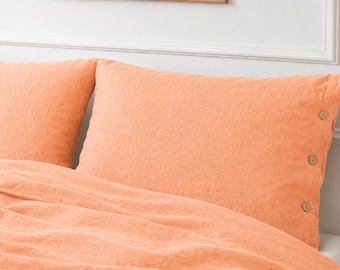 Peach Linen Duvet Cover with Button Closure | Soft Washed Linen Bedding Set | Rustic Farmhouse Comforter Cover | Queen King Twin