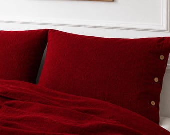 Deep Red Linen Duvet Cover with Pillowcases, Washed Flax Bedding Set, Button Closure Comforter Cover, Rustic Farmhouse Bedding