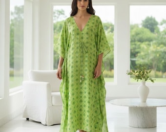 Robe caftan vert imprimé bloc pour femme, couvre-chef de plage en coton fait main, maxi caftan d'été bohème