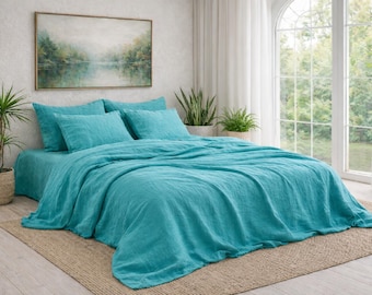 Soft Linen Duvet Cover Turquoise, Stonewashed Linen Bedding Set, Minimalist Bedroom Decor, Custom Size Bedding