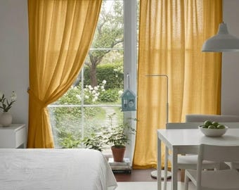 Mustard Yellow Cotton Tab Top Curtains | Farmhouse Window Panels | Soft Natural Cotton Drapes