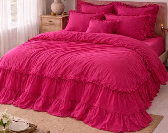 Magenta Pink  Ruffled Linen Duvet Cover Set, Boho Bedding, Farmhouse Linen Comforter Cover, Shabby Chic Bed Linen, Handmade Linen Set