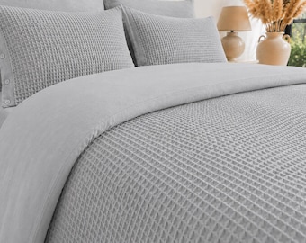 Cotton Waffle Duvet Cover,Light gray Luxury Textured Bedding Set, Cozy Minimal Bedding, Stone Washed Duvet Cover, Bedroom Decor