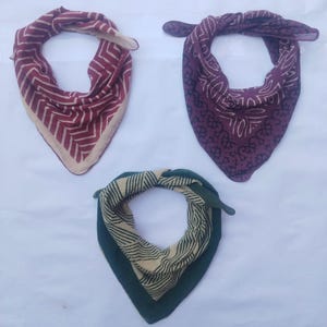 Set of 3 Organic Cotton Bandanas Block Printed Bandana Scarf Neckerchief High Quality, Winter Scarves, Unique Design, Boho Bandanas