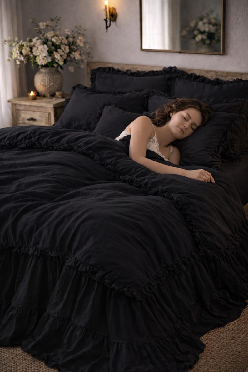 Black Handmade Linen Ruffle Duvet Cover, Washed Linen Bedding Set, Soft ...
