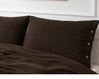 Dark Brown Duvet Cover Linen, Washed Flax Bedding Set, Minimalist Farmhouse Comforter Cover, Luxury Soft Linen Bed Set