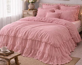 Dusty Pink  Ruffle Duvet Cover, Cottagecore Bedding, French Country Bed Set, Romantic Bedroom Decor