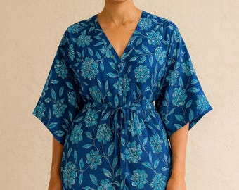 Vestido Kaftan de Algodão com Estampa Manual em Bloco | Moda Boho Resort Floral Azul