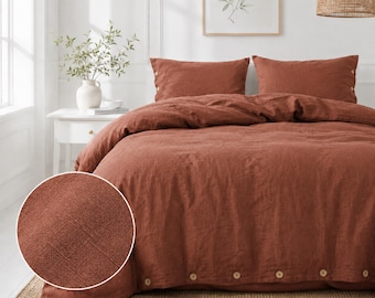 Clay Linen Bedding Set, Washed Linen Duvet Cover, Button Closure Quilt Cover, Minimalist Farmhouse Bedroom Decor