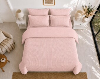 Capa de edredom em algodão waffle rosa claro, roupa de cama com textura macia, estilo campestre, capa de edredom minimalista, para camas queen, king e twin com aparência de linho.