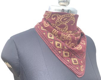 Block Print Cotton Bandana | Maroon Vintage Style Scarf
