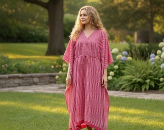 Caftan rose indien à imprimé blocs, robe bohème ample, caftan à porter pour les vacances