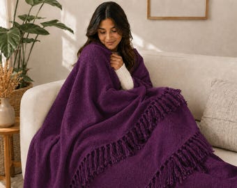 Manta artesanal de algodão cor ameixa, manta tecida, manta decorativa para cama, manta macia de algodão, decoração boho-chá.
