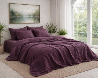 Plum Washed Linen Duvet Cover, Rustic Linen Bedding Set, Soft Linen Comforter Cover, Minimalist Bedroom Decor