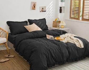 Black Linen Ruffle Duvet Cover, Washed Linen Bedding Set, Soft Ruffled Comforter Cover, Rustic Farmhouse Bedding, Queen King Size