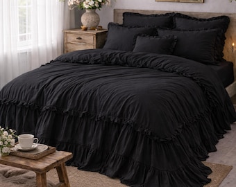 Black Handmade Linen Ruffle Duvet Cover, Washed Linen Bedding Set, Soft Breathable Linen Comforter Cover, Natural Linen Bedding Set