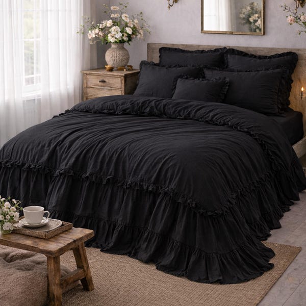 Black Handmade Linen Ruffle Duvet Cover, Washed Linen Bedding Set, Soft Breathable Linen Comforter Cover, Natural Linen Bedding Set