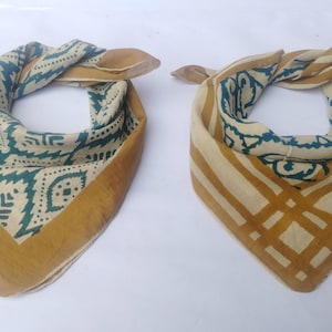Set of 2 Bandana Scarves Handmade Hand Block Print in Cream, Pumpkin and Steel - Handmade Organic Cotton Bandanas 100% Free Shipping