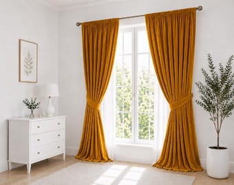 Rideaux modernes en velours doré moutarde pour le salon | Panneaux occultants en peluche | Décoration d'intérieur de luxe