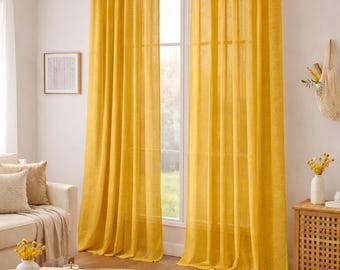 Mustard Yellow Linen Window Curtains | Light Filtering Linen Drapes | Minimalist Home Decor