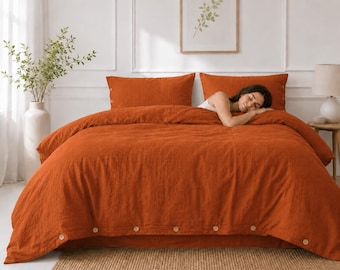 Burnt linen duvet cover, soft and breathable bedding, minimalist farmhouse bedroom style, stone-washed linen, available in all sizes.