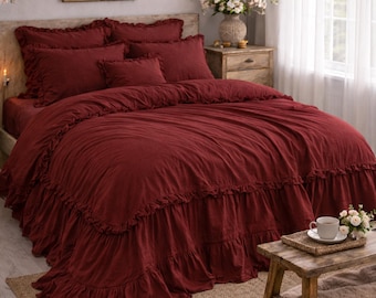 Premium Maroon Linen Duvet Cover 4 pillow cover Set, Stone Washed Flax Linen Bedding,Soft Comforter Cover, Neutral Home Decor