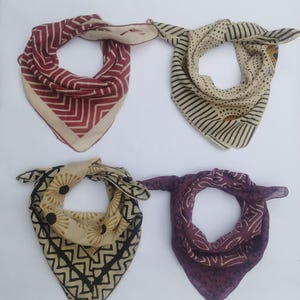 Set of 4 Block Print Bandanas – Hand Printed Cotton Scarves, Indian Boho Head Wraps, Natural Dye Gift Set"
