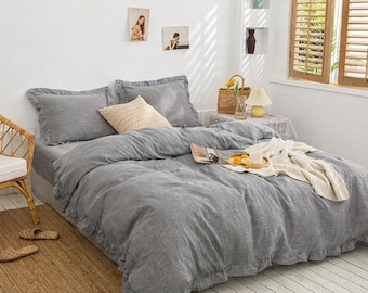 Farmhouse Gray  Ruffle Linen Duvet Cover Set, Soft Linen Bedding, Rustic Bedroom Decor, Stonewashed Linen Comforter Cover