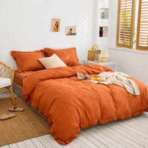 Rust Orange Minimal Linen Duvet Cover Set – Neutral Bedding, Soft Washed Linen Comforter Cover, Modern Bedroom Decor