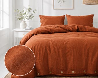 Rust Orange Linen Duvet Cover with Button Closure, Washed Linen Bedding Set, Soft Flax Bedding, Queen King Twin Size, Gift