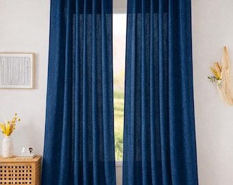 Dark Blue Linen Window Curtains | Light Filtering Linen Drapes | Minimalist Home Decor