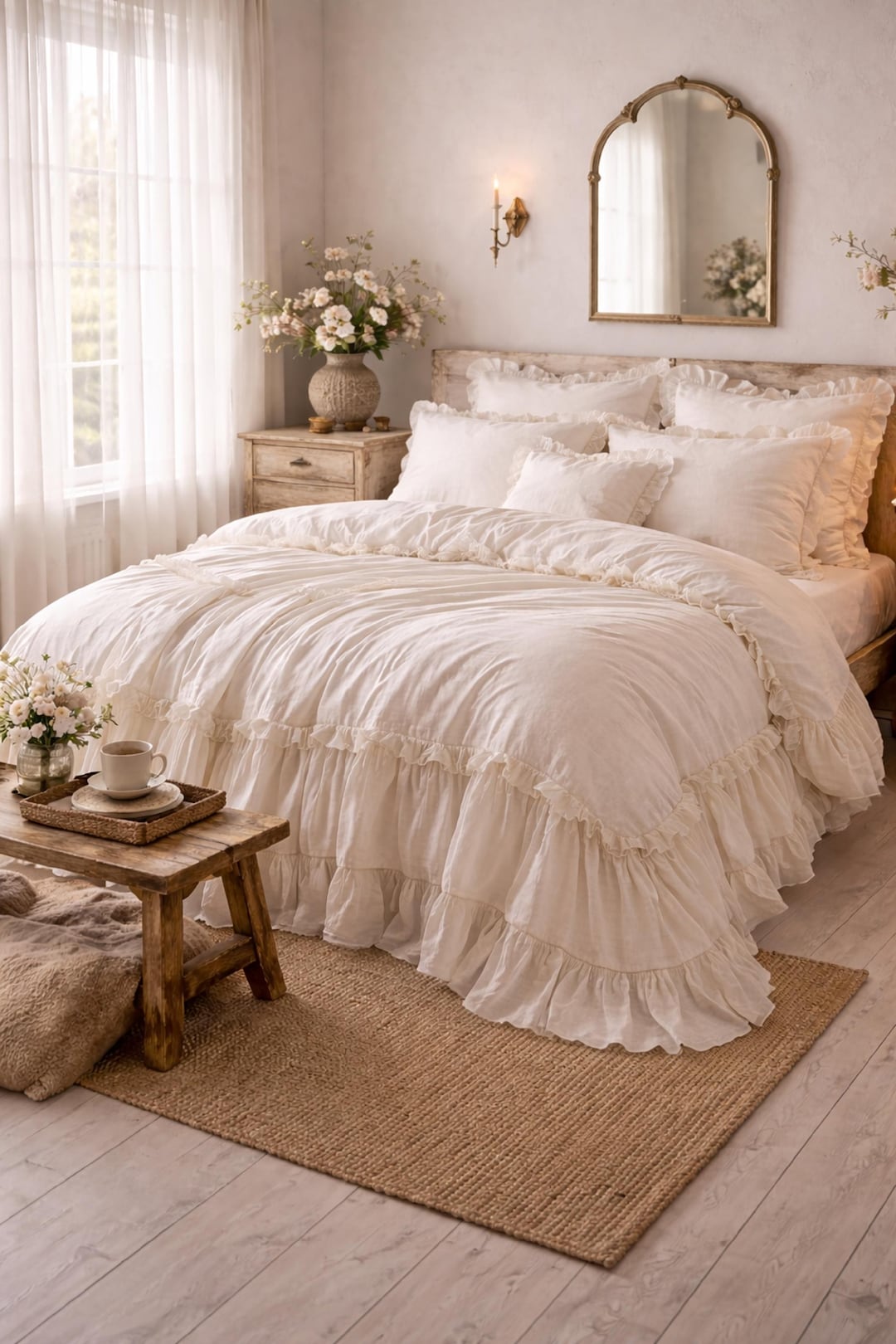 Off White Ruffle Duvet Cover, Cottagecore Bedding, French Country Bed ...
