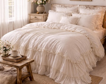 Off White Ruffle Duvet Cover, Cottagecore Bedding, French Country Bed Set, Romantic Bedroom Decor