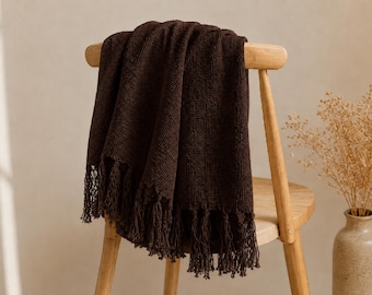Dark Brown Throw Blanket with Tassels, Woven Cotton Blanket, Farmhouse Sofa Throw, Boho Couch Blanket, Cozy Bed Throw 50x70 Inch