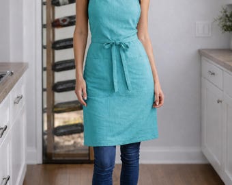 Tablier en lin turquoise | Tablier de cuisine en lin lavé | tablier dos croisé | Tablier de chef ajustable | Tablier de cuisine pour femme | Cadeau boulanger