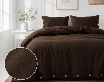 Dark Brown Linen Duvet Cover | Stone Washed Flax Bedding Set | Button Closure Duvet Cover | Soft Rustic Farmhouse Bedding |