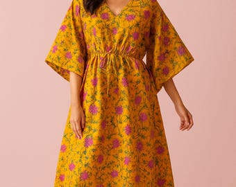 Hand Block Print Cotton Kaftan Dress – Floral Boho Resort Wear