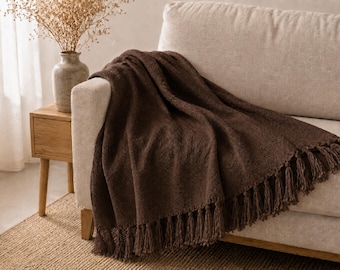 Coffee Brown Woven Throw Blanket with Tassel Fringe, Cotton Sofa Throw, Cozy Couch Blanket, Farmhouse Decor, Bed Blanket, Rustic Home Accent