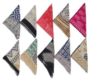 Handmade Block Print Cotton Bandanas - Set of 10, Boho Headscarves