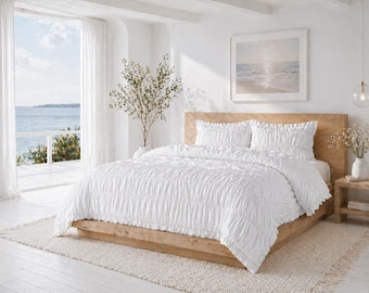 White Wrinkled Cotton Duvet Cover Set, Natural Cotton Bed sheet, Stone-Washed Duvet, Rustic Bedroom Decor