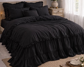 Washed Black Linen Bedding Set, Ruffle Duvet Cover, Luxury Linen Bed Set, Rustic Home Decor
