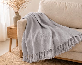 Light Gray Blanket Throw, Cotton Sofa Throw, Decorative Couch Blanket, Minimalist Home Decor, Cozy Gift