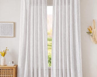 Custom White Linen Curtains, Natural Linen Drapes, Light-Filtering Panels, Rustic Farmhouse-Style Window Decor