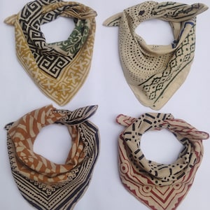 Set of 4 Block Printed Bandana – Cotton Boho Scarf, Rustic Western Style, Handcrafted Neck Accessory, Eco-Friendly Dye Gift for Her/Him