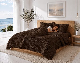 Copripiumino con volant color marrone cioccolato, set di biancheria da letto arricciato, copripiumino rustico in stile fattoria, decorazione per camera da letto in cotone testurizzato
