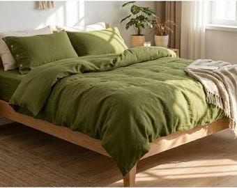 Olive Green Linen Duvet Cover Set | Organic Cotton, Boho Bedroom Decor