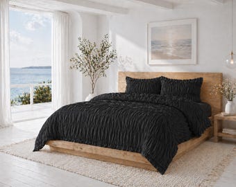 Black Soft Wrinkled Cotton Duvet Cover, Lightweight Bed sheet Set, Comforter Cover, Cozy Home Decor