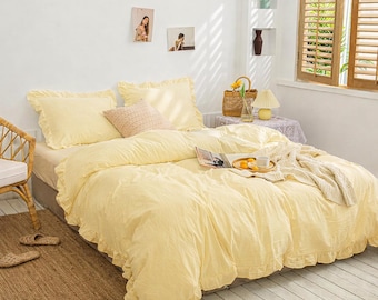 Yellow Pastel Linen Duvet Cover Set, Washed Linen Bedding, Soft and Breathable Bed Set, Queen and King Size Linen Bedding