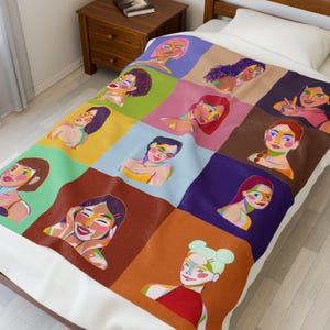 カラフルな肖像画のベルベットプラッシュブランケット、心地よいホームデコレーションギフト、スロー、ソファスロー、アーティストギフト、カラフルなアートワークブランケット